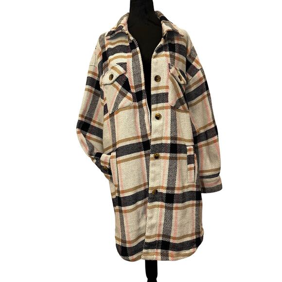 Stoosh Jackets & Blazers - Stoosh Plaid Shacket Jacket Coat Pink Brown Blue Cream Size XL Midi Length